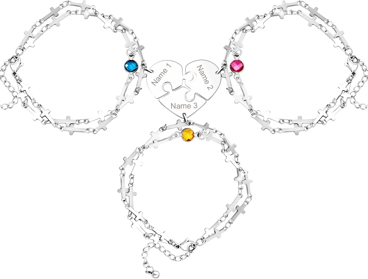 3 Heart-shaped Jigsaw Family Friendship Bracelets - Double Stainless Steel Cross Chain Birth Stone Charm Layered Heart Bracelets for Female Friendship Personalized Custom Jewelry
