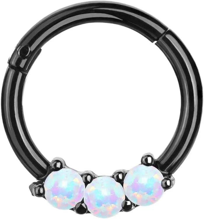 3 Opal Set Precision Hinged Segment Nose Septum Rings Cartilage 16g (1.2 mm) 5/16" (8mm) Black/Opal White Body Unique Jewelry Delicate Design Piercing Steel Surgical For Women