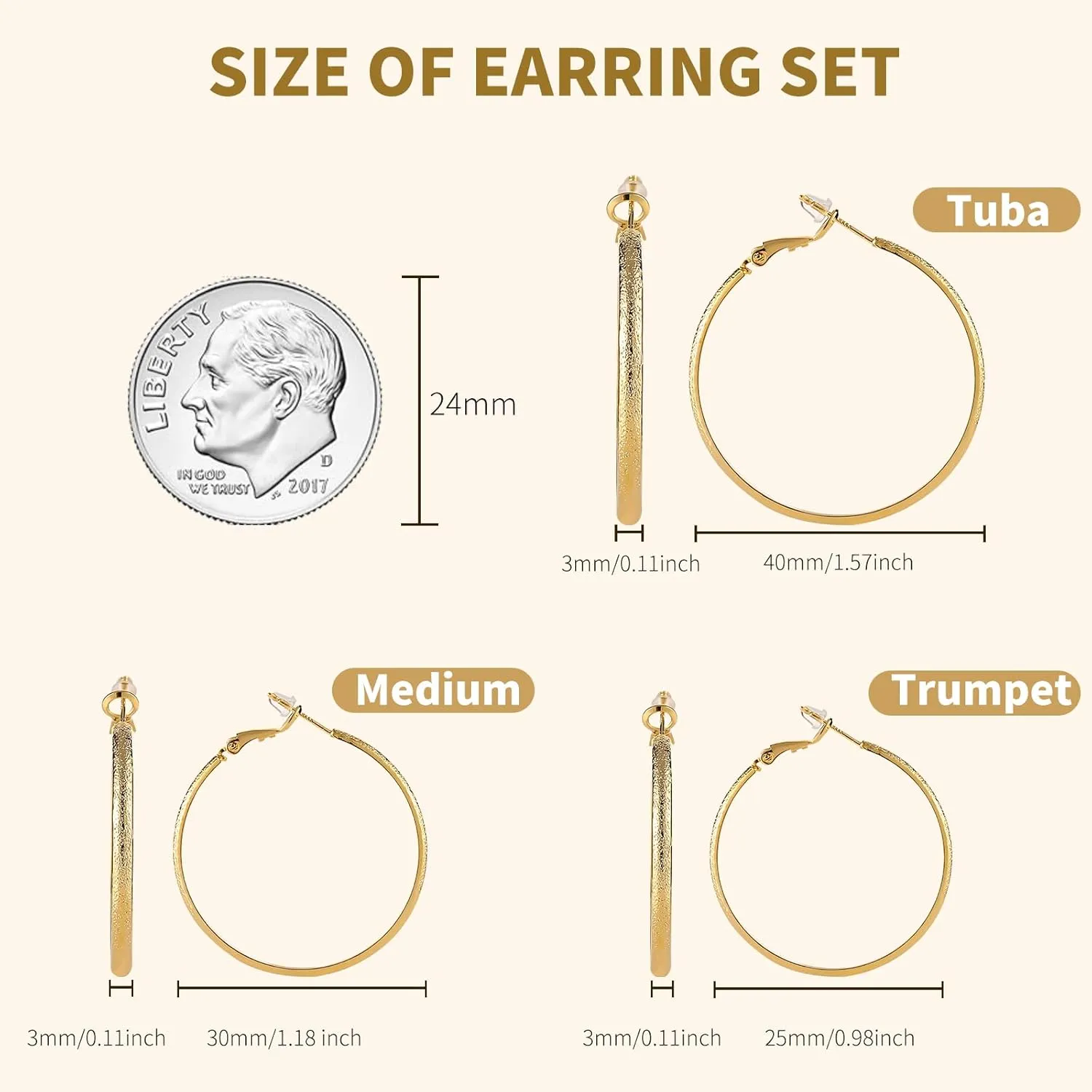 3 Pairs 14k Gold Plated Nickel Free Big Hoop Earrings Set for Women Trendy, Frosted Hypoallergenic Post Thin Loop Gold Plated Hoop Earrings Set for Women Jewelry Gifts