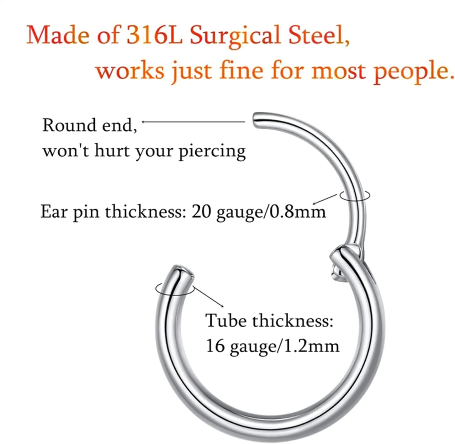316L Surgical Steel Endless Hoop Earrings Nose Rings Hinged Segment Rings Cartilage Earrings Hoop Septum Rings Daith Helix Rook Conch Tragus Piercing Jewelry Lip Rings