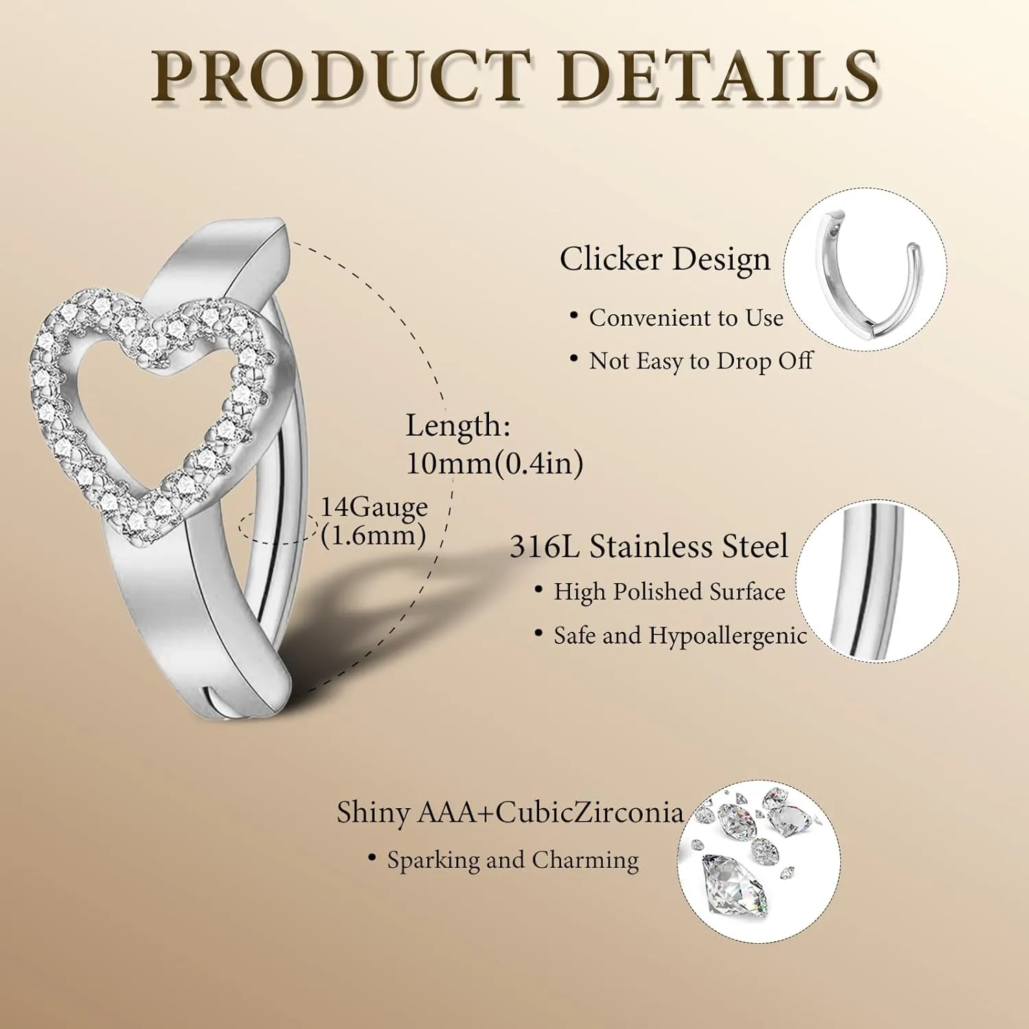 3Pcs 14K Gold Belly Button Ring For Women,Hypoallergenic 316L Surgical Steel Sparkling CZ Heart Clicker Navel Hoop Body Piercing Jewelry