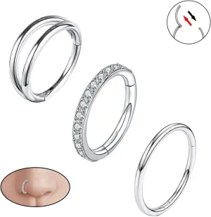 3pcs Nose Rings Hoops 316L Surgical Steel Double Hoop Nose Rings 16G/18G Hinged CZ Conch Piercing Jewelry Septum Clicker Lip Rings Cartilage Earring Helix Rook Tragus Daith 7mm 8mm 9mm
