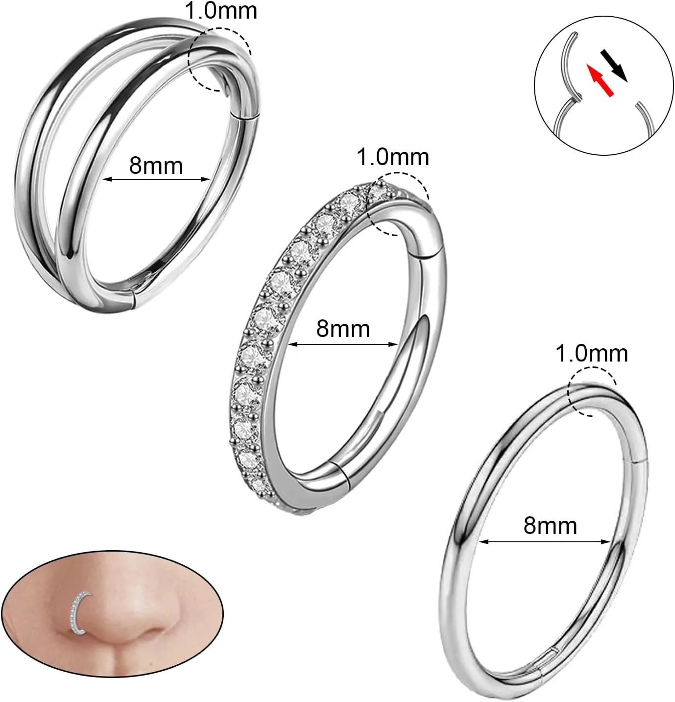 3pcs Nose Rings Hoops 316L Surgical Steel Double Hoop Nose Rings 16G/18G Hinged CZ Conch Piercing Jewelry Septum Clicker Lip Rings Cartilage Earring Helix Rook Tragus Daith 7mm 8mm 9mm