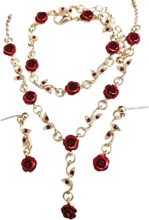 3Pcs Rose Red Jewelry Red Flower Necklaces for Women Red Rose Flower Dangle Earrings Rose Bracelet Prom Jewelry Sets for Bride Wedding Jewelry Gift