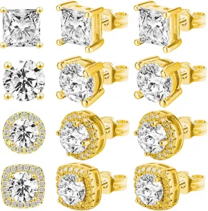4 Pair Earrings Studs for Men Gold Cubic Zirconia, Ymapinc Surgical Steel CZ Studs Earrings for Men Women, 4 Models Round and Square Stud Teardrop Shapes