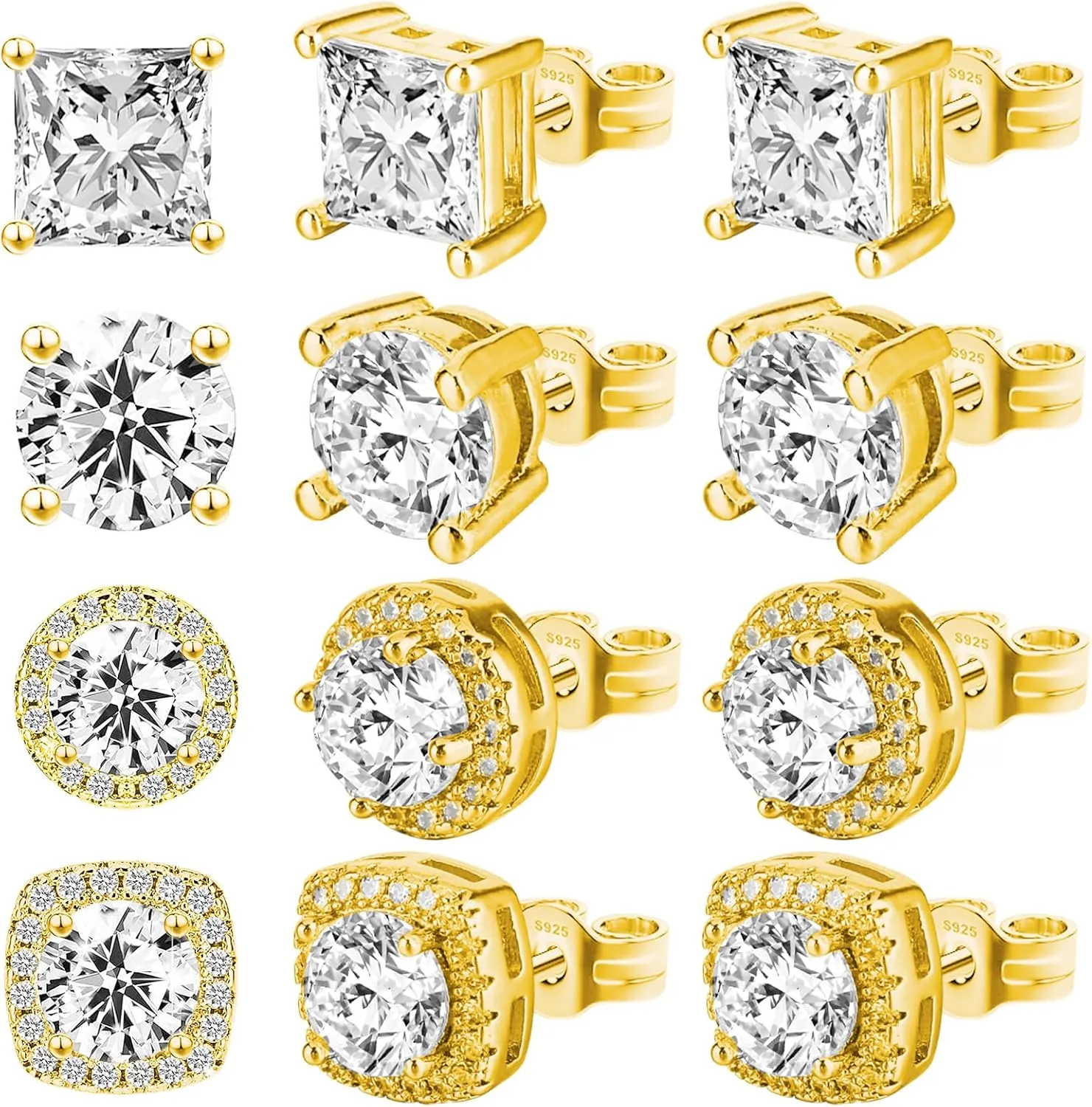 4 Pair Earrings Studs for Men Gold Cubic Zirconia, Ymapinc Surgical Steel CZ Studs Earrings for Men Women, 4 Models Round and Square Stud Teardrop Shapes