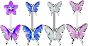 4 Pcs Belly Button Rings Surgical Steel 14G Epoxy Butterfly Belly Rings Belly Piercing Jewelry, Multicolor