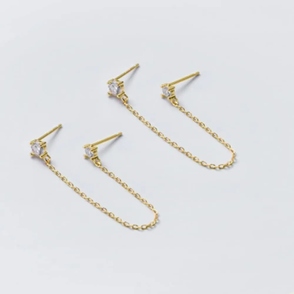 4 Prong CZ Round Stud With Chain Cuff S925 Sterling Silver Earrings for Women Cartilage Double Piercing Holes Fashion Chic Minimalist Climber Crawler Threader Hypoallergenic Gifts