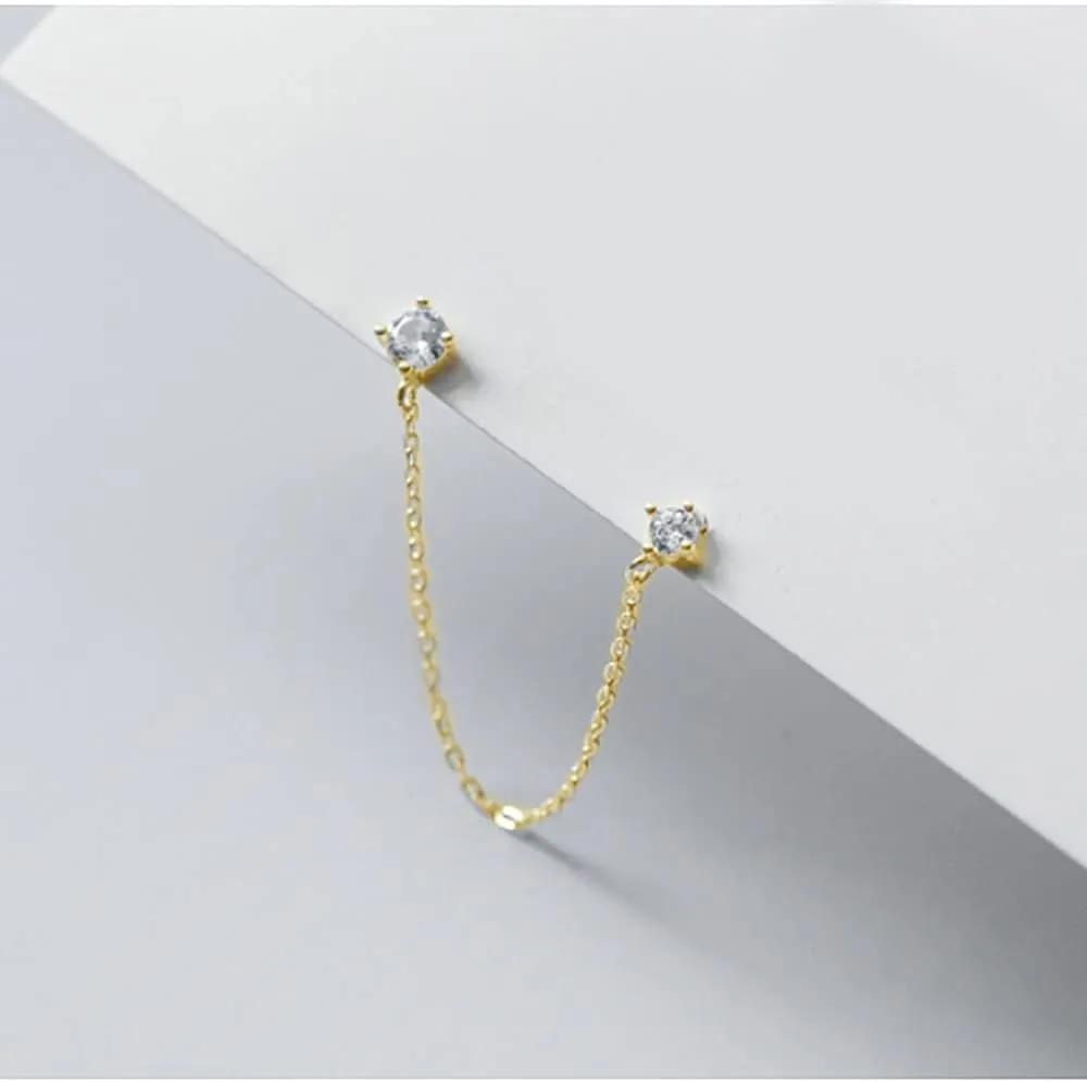 4 Prong CZ Round Stud With Chain Cuff S925 Sterling Silver Earrings for Women Cartilage Double Piercing Holes Fashion Chic Minimalist Climber Crawler Threader Hypoallergenic Gifts