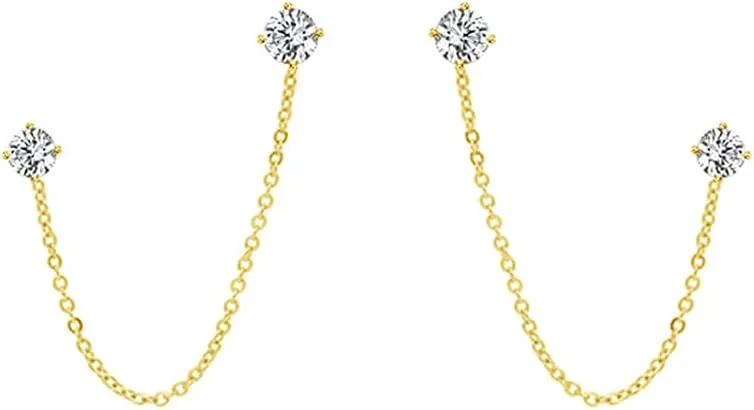 4 Prong CZ Round Stud With Chain Cuff S925 Sterling Silver Earrings for Women Cartilage Double Piercing Holes Fashion Chic Minimalist Climber Crawler Threader Hypoallergenic Gifts