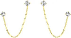4 Prong CZ Round Stud With Chain Cuff S925 Sterling Silver Earrings for Women Cartilage Double Piercing Holes Fashion Chic Minimalist Climber Crawler Threader Hypoallergenic Gifts