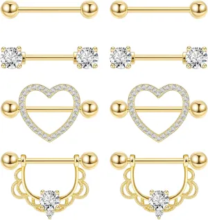 4Pairs 14G G23 Titanium Nipple Rings for Women Heart Flower CZ Barbell Nipplerings Hypoallergenic Cute Nipple Piercing Jewelry