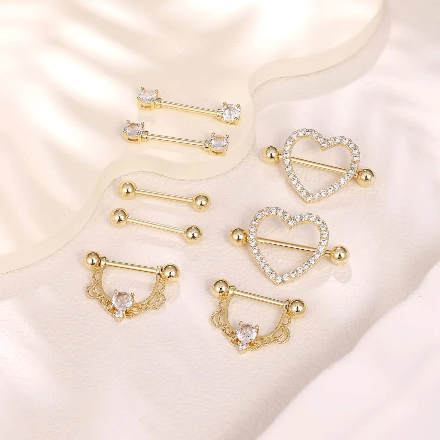 4Pairs 14G G23 Titanium Nipple Rings for Women Heart Flower CZ Barbell Nipplerings Hypoallergenic Cute Nipple Piercing Jewelry