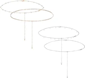 4PCS Plated Waist Chain Jewelry for Women, Layered Belly Chain with Satellite Beads, Non Tarnish Body Chains, Adjustable Waterproof Sexy Bikini Beach Accessories Pearl Belts, 2 Silver & 2 Gold
