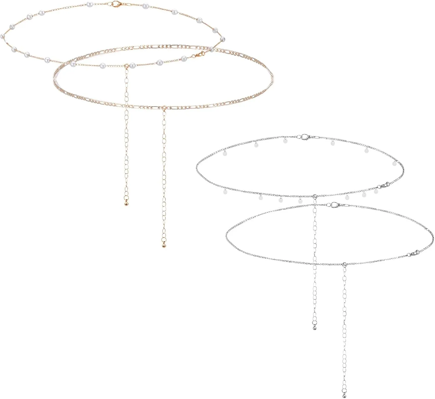 4PCS Plated Waist Chain Jewelry for Women, Layered Belly Chain with Satellite Beads, Non Tarnish Body Chains, Adjustable Waterproof Sexy Bikini Beach Accessories Pearl Belts, 2 Silver & 2 Gold
