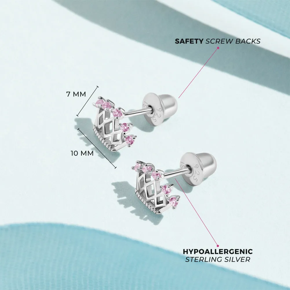 5 Point CZ Crown Baby / Toddler / Kids Earrings Screw Back - Sterling Silver