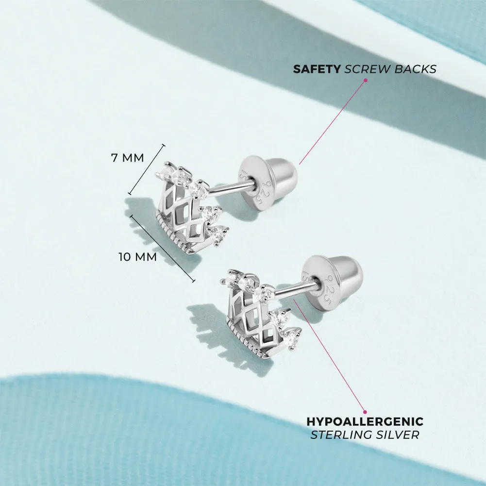 5 Point CZ Crown Baby / Toddler / Kids Earrings Screw Back - Sterling Silver