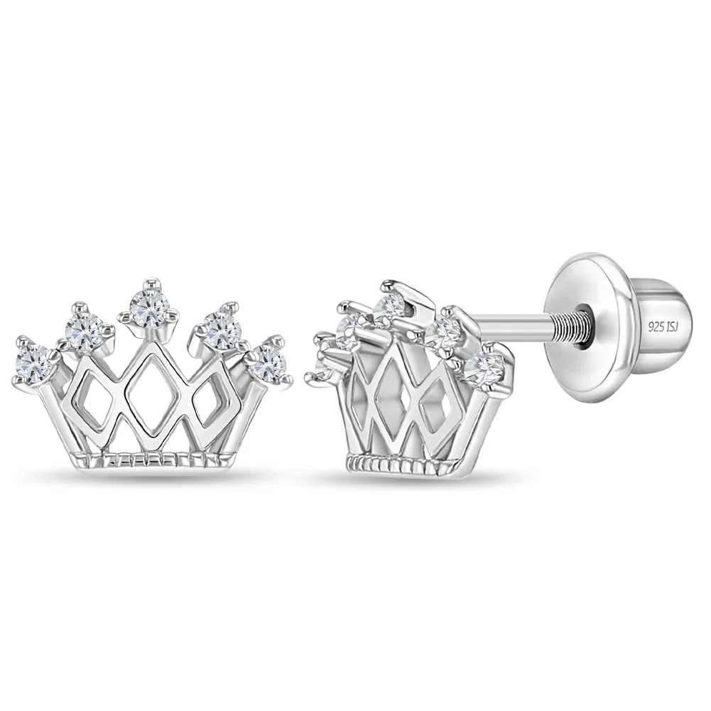 5 Point CZ Crown Baby / Toddler / Kids Earrings Screw Back - Sterling Silver