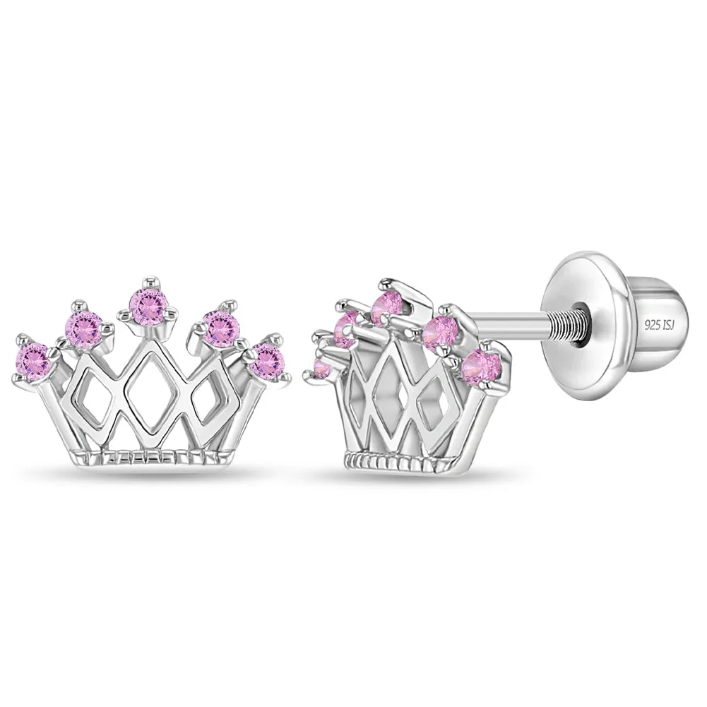 5 Point CZ Crown Baby / Toddler / Kids Earrings Screw Back - Sterling Silver