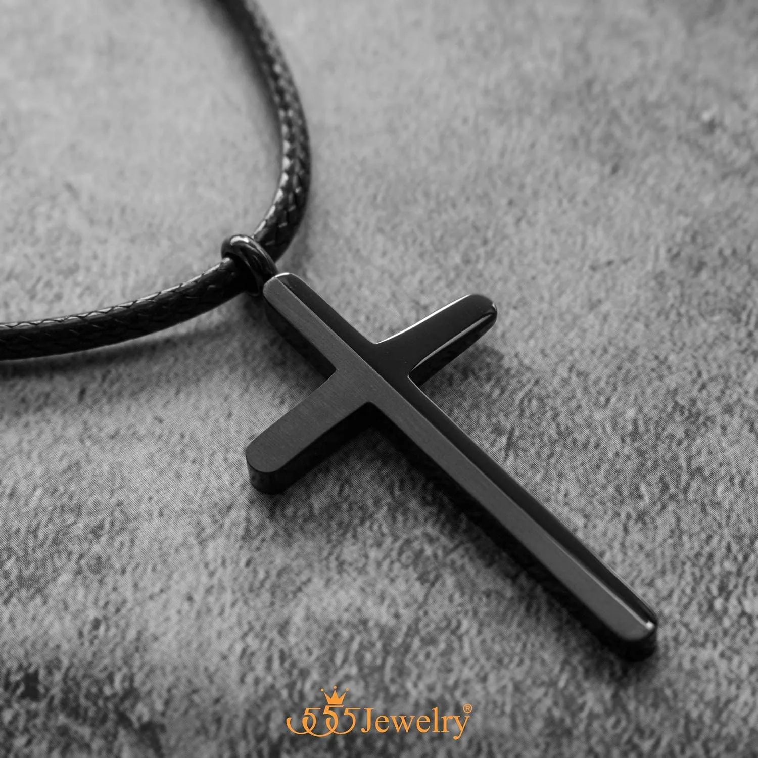555Jewelry Stainless Steel Cross Necklace for Men - Mens Cross Necklaces with 18 to 24 Inches Waterproof Adjustable Black Leather Rope