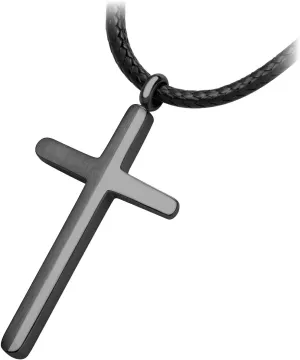 555Jewelry Stainless Steel Cross Necklace for Men - Mens Cross Necklaces with 18 to 24 Inches Waterproof Adjustable Black Leather Rope