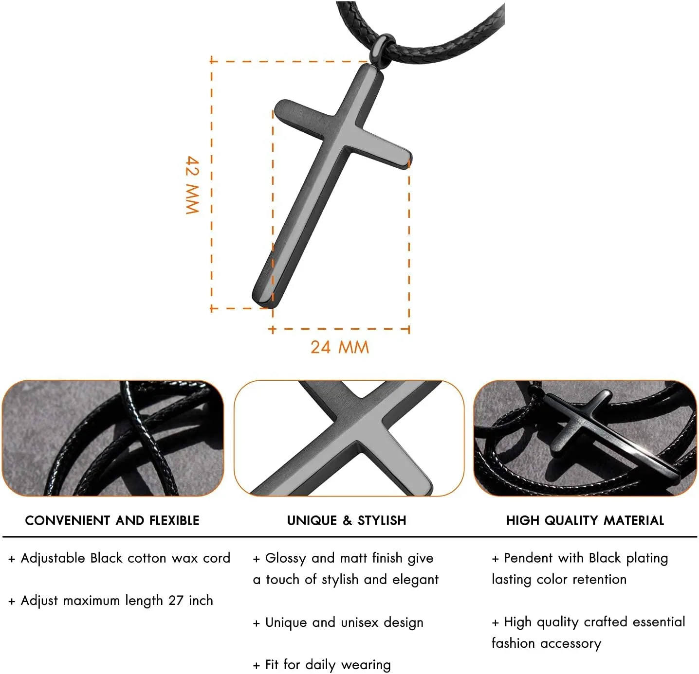 555Jewelry Stainless Steel Cross Necklace for Men - Mens Cross Necklaces with 18 to 24 Inches Waterproof Adjustable Black Leather Rope