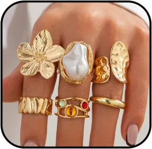 6 Pcs Chunky Gold Rings for Women Stackable Silver Flower Ring Set Vintage Statement Pearl Gemstone Rings Knuckle Costume Prom Jewelry Accessories
