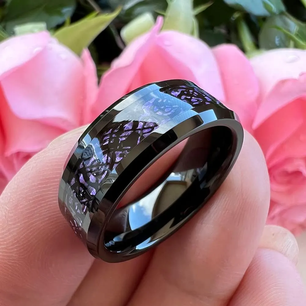 6mm 8mm Silver/Black Tungsten Rings for Men Women Black/Red/Green/Purple Carbon Fiber Celtic Dragon Inlay Fashion Jewelry Engagement Wedding Bands Beveled Edges Comfort Fit