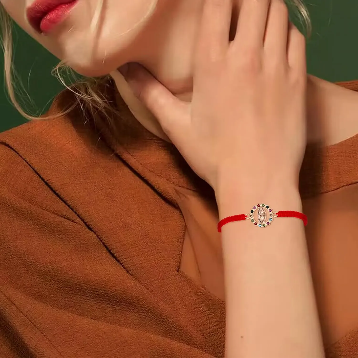 6Pcs/12Pcs Rhinestone Virgen de Guadalupe Bracelet Handmade Adjustable Red Rope Religion Protection Bracelet for Women Friendship Prayer Bracelet