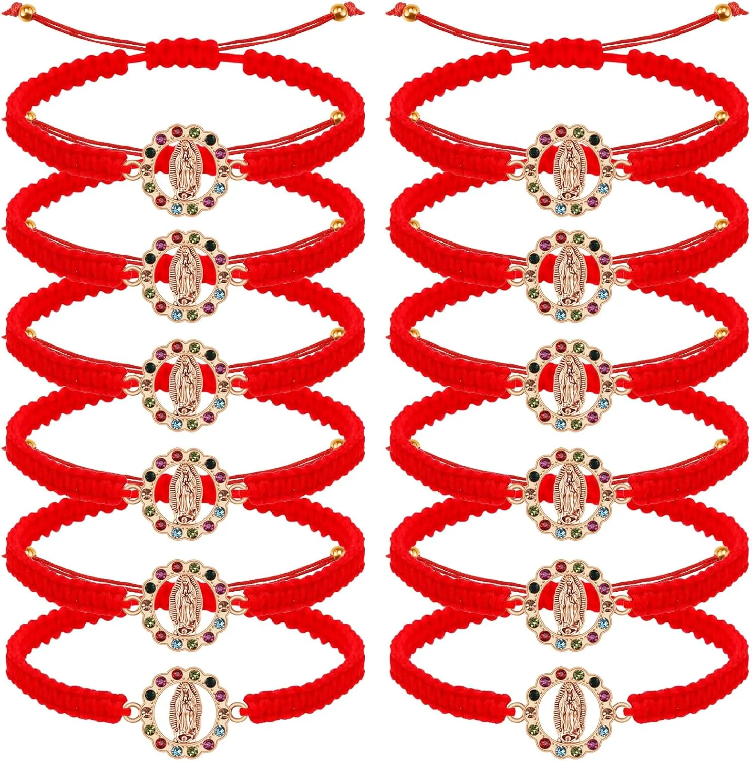 6Pcs/12Pcs Rhinestone Virgen de Guadalupe Bracelet Handmade Adjustable Red Rope Religion Protection Bracelet for Women Friendship Prayer Bracelet