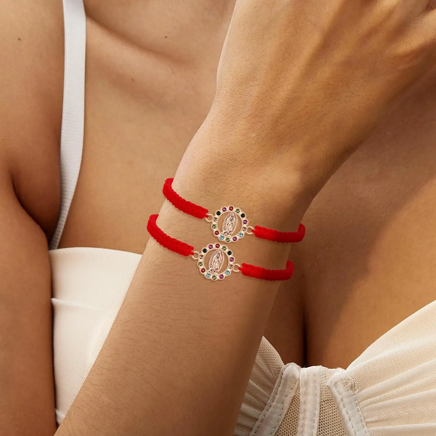 6Pcs/12Pcs Rhinestone Virgen de Guadalupe Bracelet Handmade Adjustable Red Rope Religion Protection Bracelet for Women Friendship Prayer Bracelet