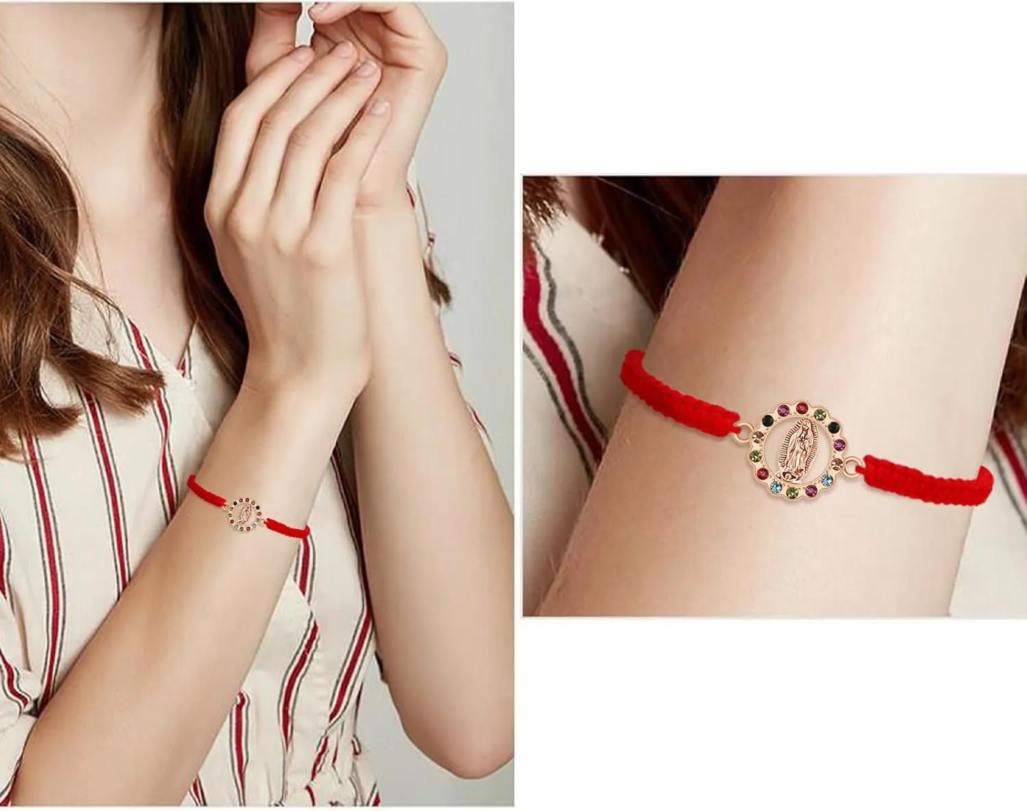 6Pcs/12Pcs Rhinestone Virgen de Guadalupe Bracelet Handmade Adjustable Red Rope Religion Protection Bracelet for Women Friendship Prayer Bracelet