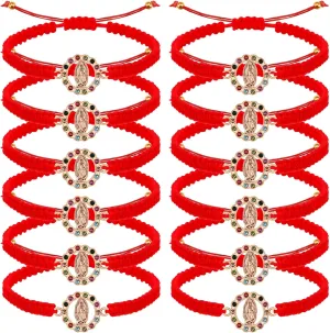 6Pcs/12Pcs Rhinestone Virgen de Guadalupe Bracelet Handmade Adjustable Red Rope Religion Protection Bracelet for Women Friendship Prayer Bracelet