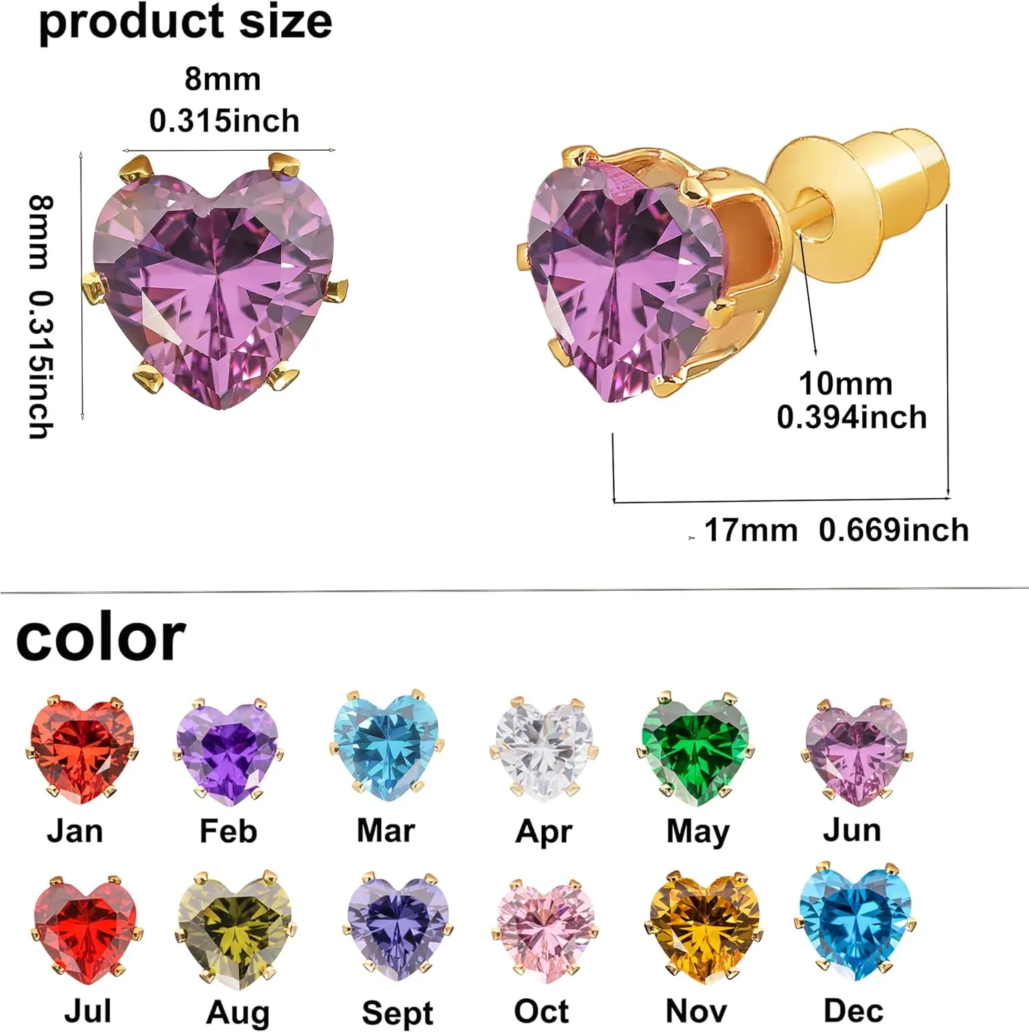 8mm Bigger Size 18K Gold Plated Heart Cubic Zirconia Studs Birthstone Stud Earrings for Women for 12 Months Hypoallergenic Nickel Free Earrings Christmas/Birthday Gift for Women for Everyday Wear