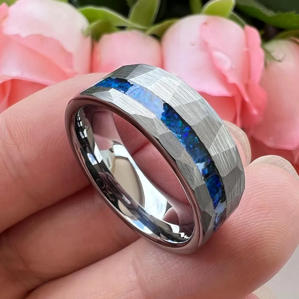 8mm Hammered Tungsten Rings for Men Women Engagement Wedding Bands Geunine Blue Opal Inlay Matte Finish Comfort Fit
