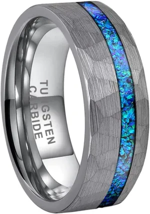 8mm Hammered Tungsten Rings for Men Women Engagement Wedding Bands Geunine Blue Opal Inlay Matte Finish Comfort Fit