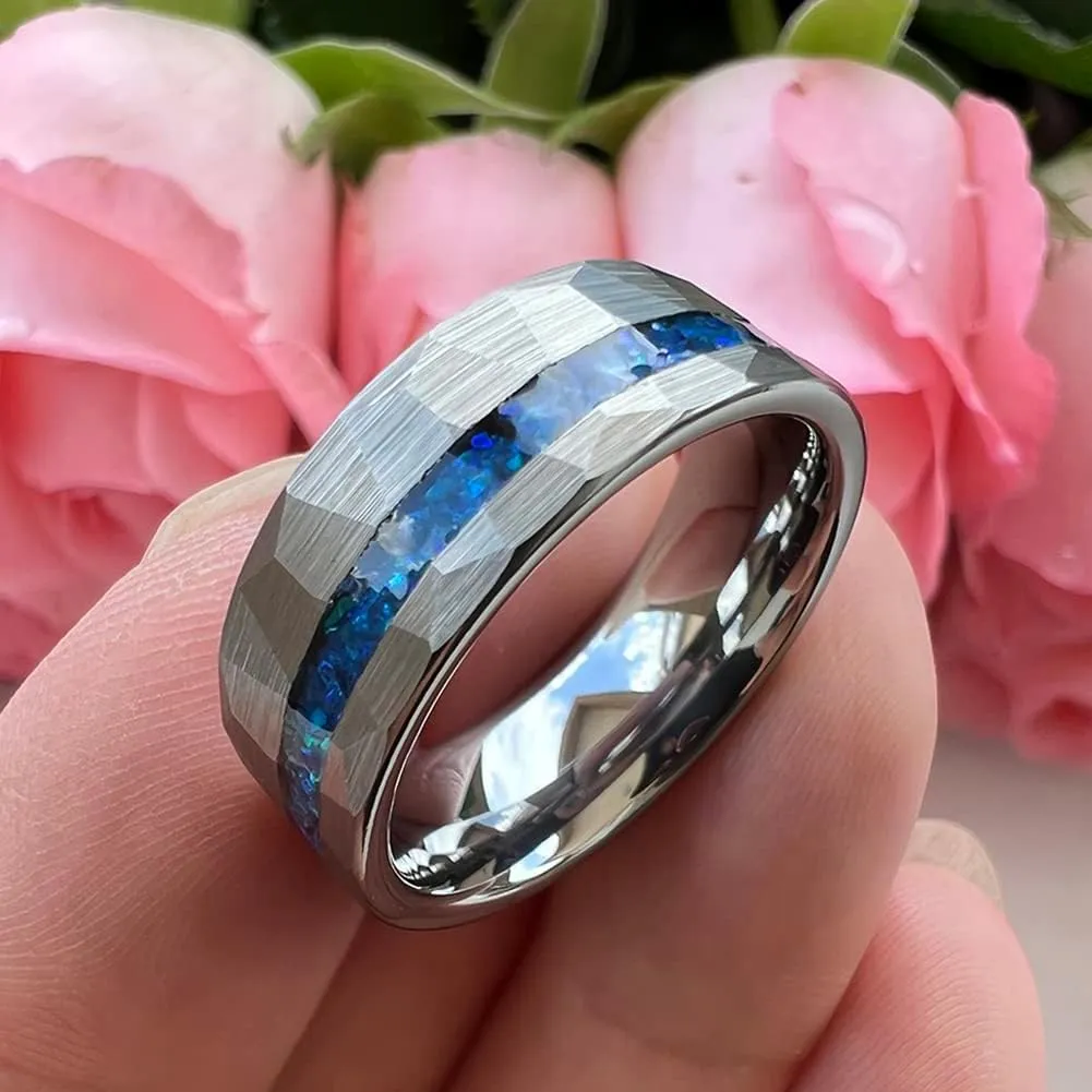 8mm Hammered Tungsten Rings for Men Women Engagement Wedding Bands Geunine Blue Opal Inlay Matte Finish Comfort Fit