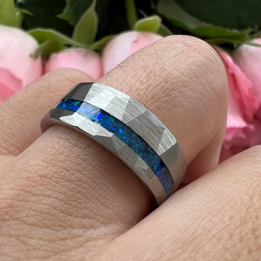 8mm Hammered Tungsten Rings for Men Women Engagement Wedding Bands Geunine Blue Opal Inlay Matte Finish Comfort Fit