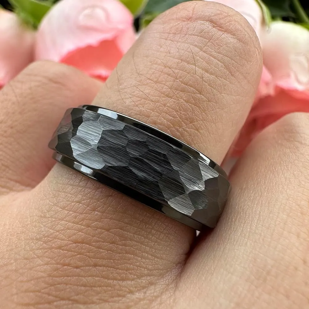 8mm Silver/Black/Gold Spinner Tungsten Titanium Fidget Rings for Men Women Anxiety Released Hammered Design Engagement Wedding Band Stepped Edges Comfort Fit