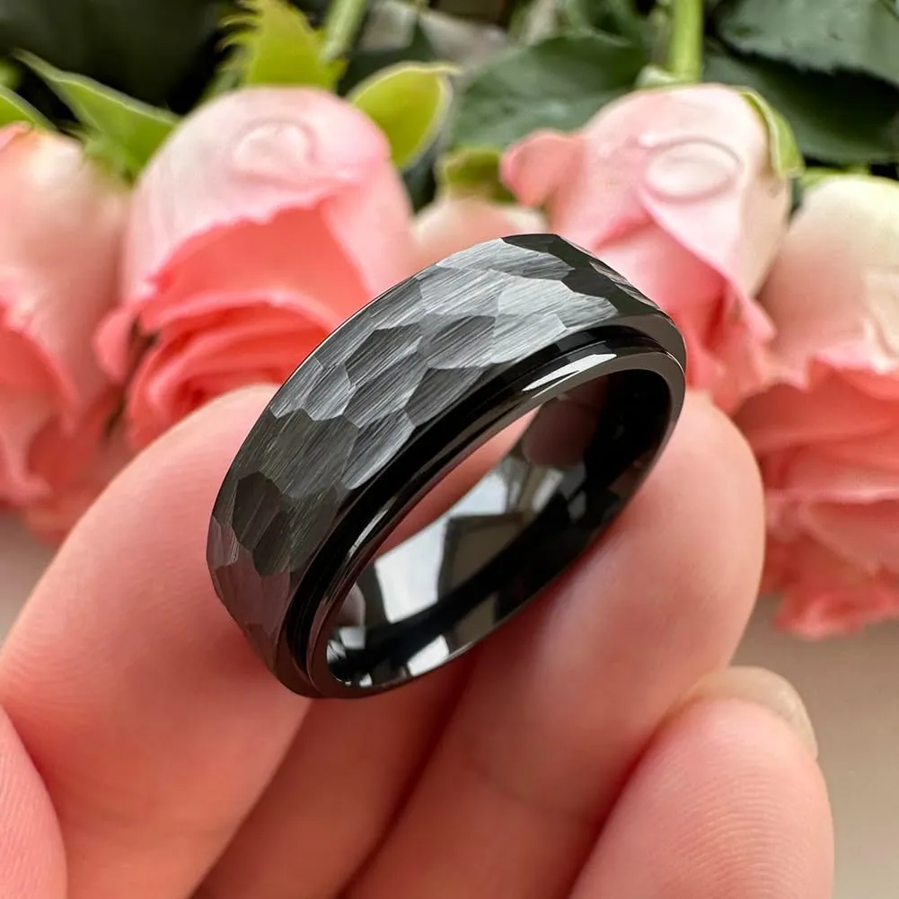 8mm Silver/Black/Gold Spinner Tungsten Titanium Fidget Rings for Men Women Anxiety Released Hammered Design Engagement Wedding Band Stepped Edges Comfort Fit