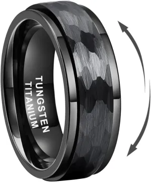 8mm Silver/Black/Gold Spinner Tungsten Titanium Fidget Rings for Men Women Anxiety Released Hammered Design Engagement Wedding Band Stepped Edges Comfort Fit