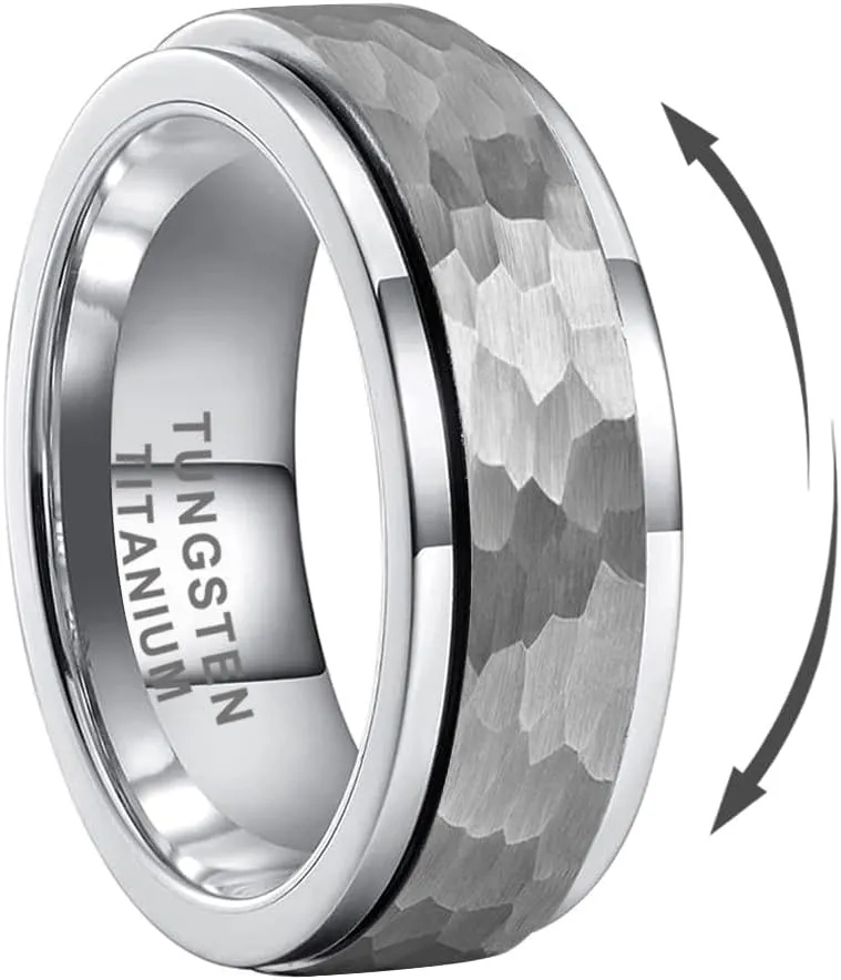 8mm Silver/Black/Gold Spinner Tungsten Titanium Fidget Rings for Men Women Anxiety Released Hammered Design Engagement Wedding Band Stepped Edges Comfort Fit