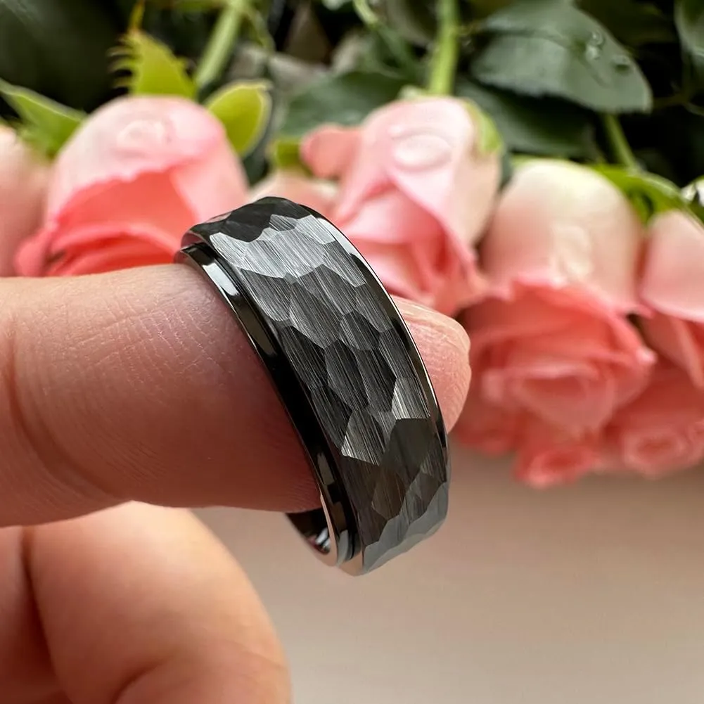 8mm Silver/Black/Gold Spinner Tungsten Titanium Fidget Rings for Men Women Anxiety Released Hammered Design Engagement Wedding Band Stepped Edges Comfort Fit