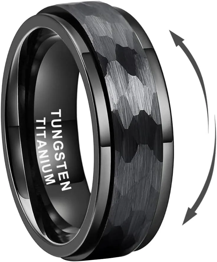 8mm Silver/Black/Gold Spinner Tungsten Titanium Fidget Rings for Men Women Anxiety Released Hammered Design Engagement Wedding Band Stepped Edges Comfort Fit