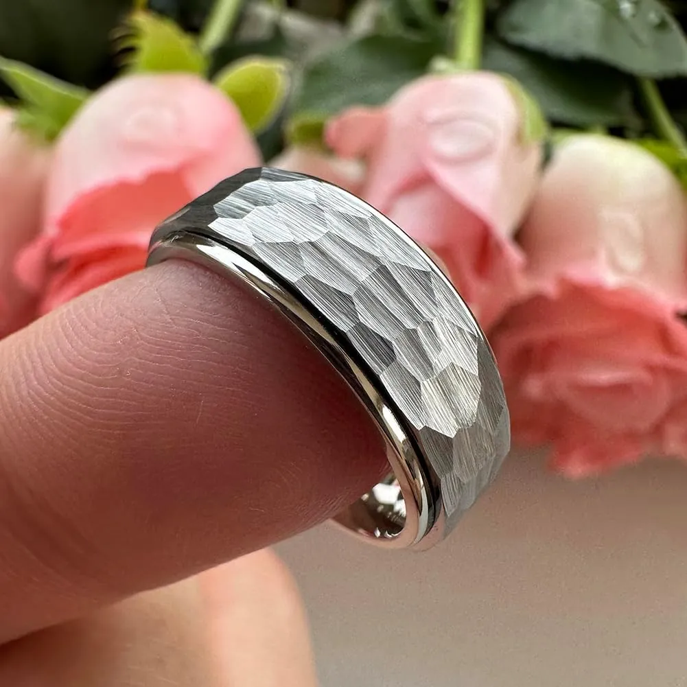 8mm Silver/Black/Gold Spinner Tungsten Titanium Fidget Rings for Men Women Anxiety Released Hammered Design Engagement Wedding Band Stepped Edges Comfort Fit