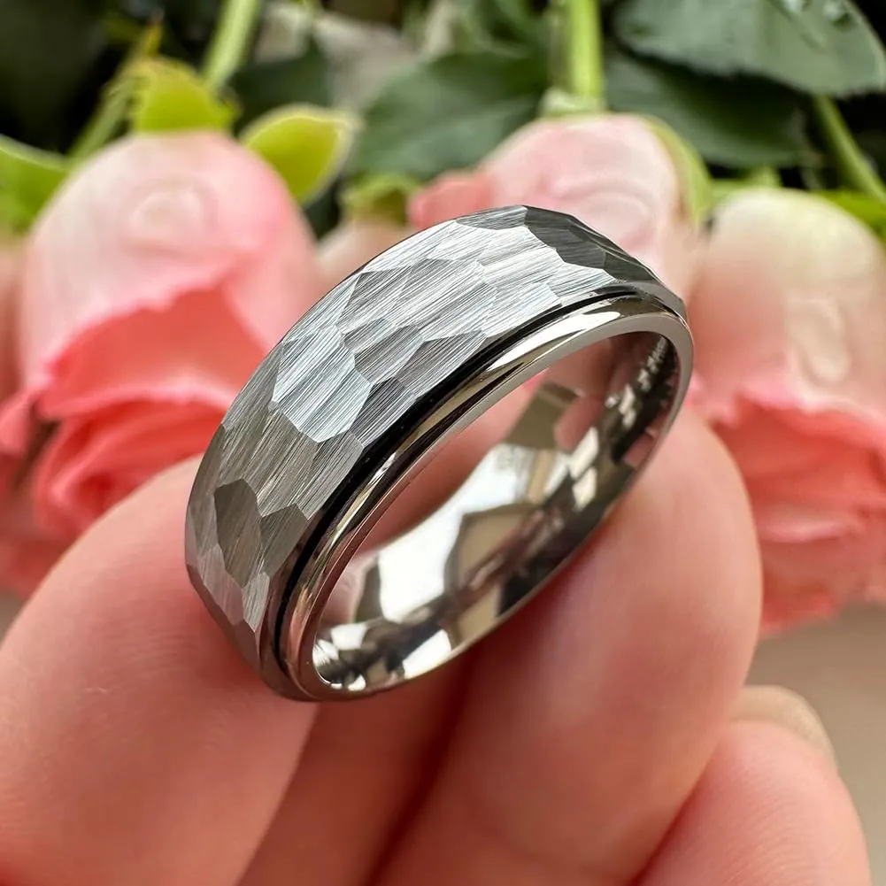 8mm Silver/Black/Gold Spinner Tungsten Titanium Fidget Rings for Men Women Anxiety Released Hammered Design Engagement Wedding Band Stepped Edges Comfort Fit