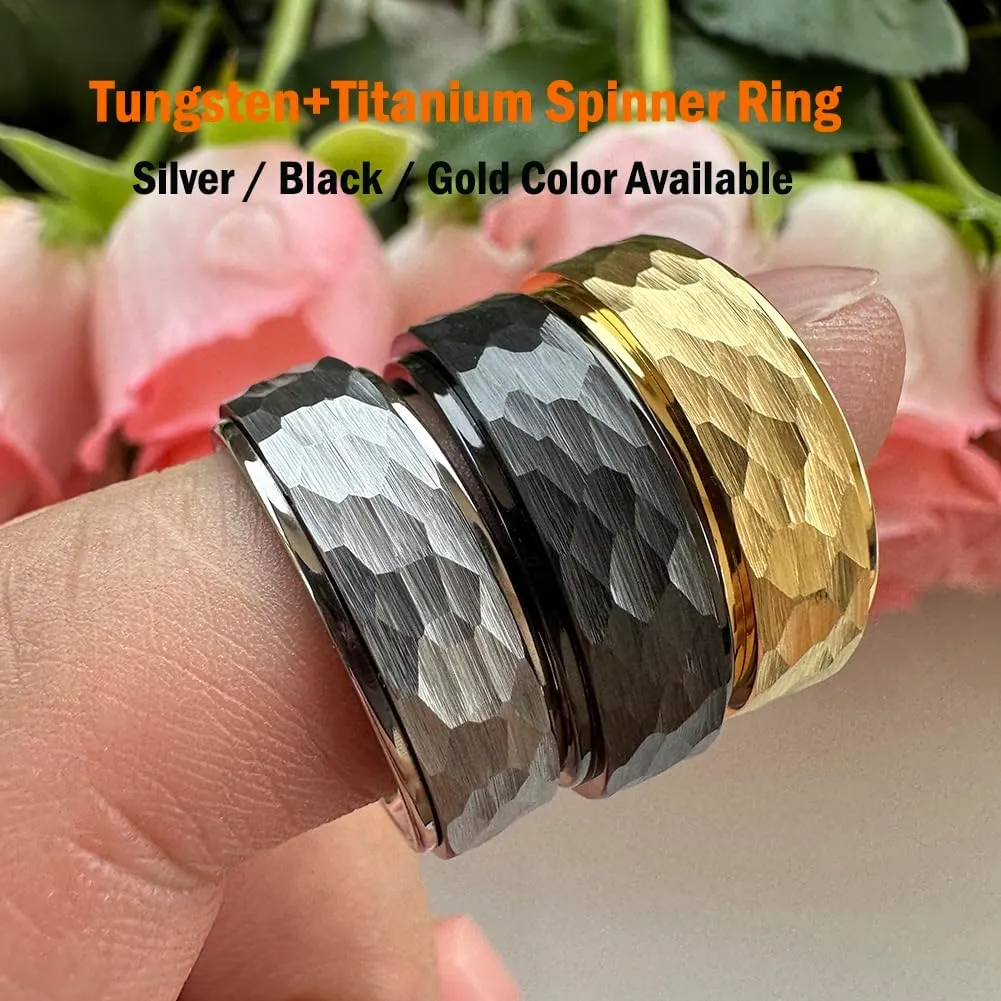 8mm Silver/Black/Gold Spinner Tungsten Titanium Fidget Rings for Men Women Anxiety Released Hammered Design Engagement Wedding Band Stepped Edges Comfort Fit