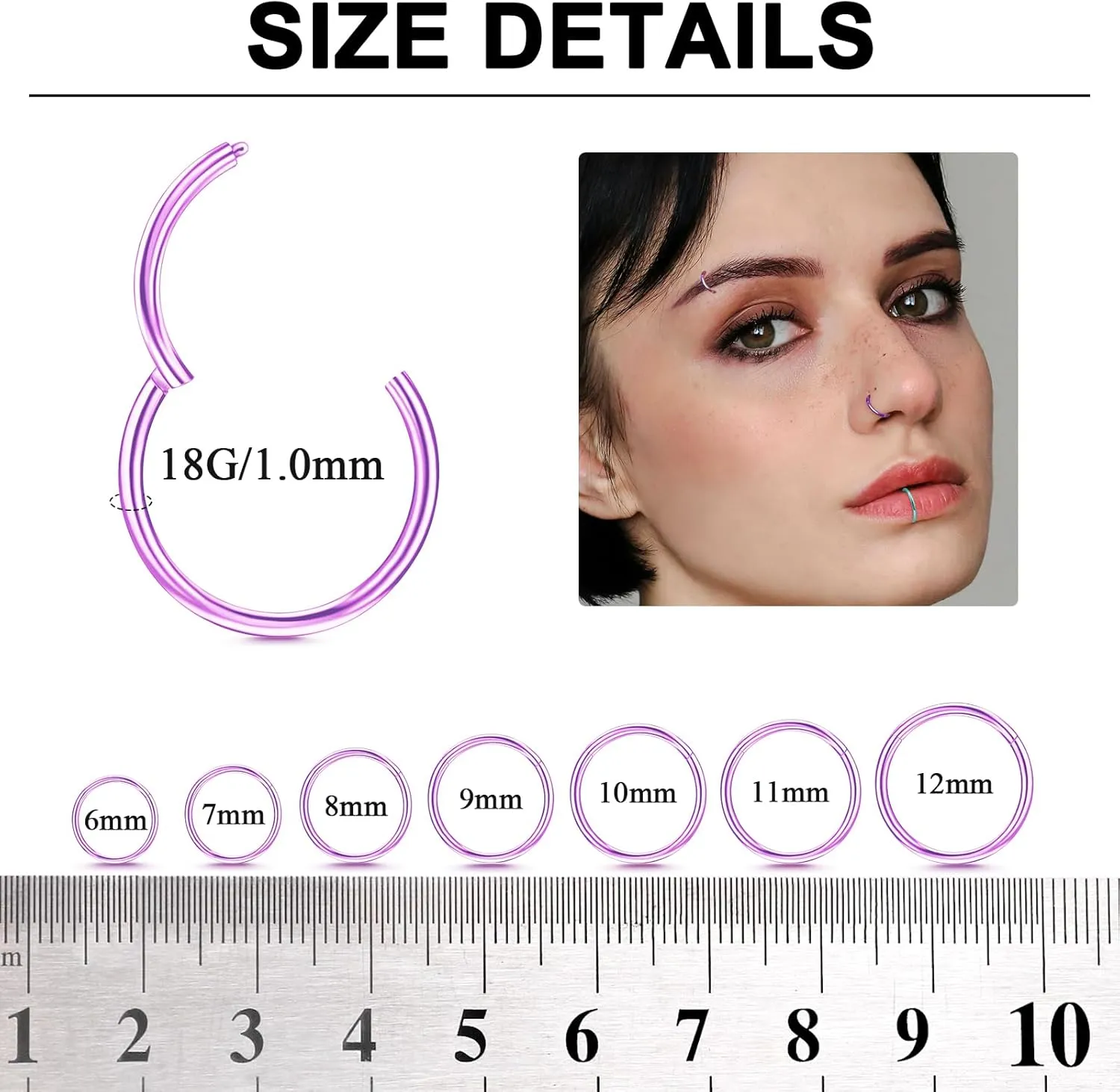 8Pcs Titanium Nose Rings Hoops 14G 16G 18G 20G Hoop Nose Rings for Women Nose Hoop Hinged Clicker Conch Septum Rings Tragus Cartilage Earring Lip Rings Nose Piercing Jewelry 6mm-12mm