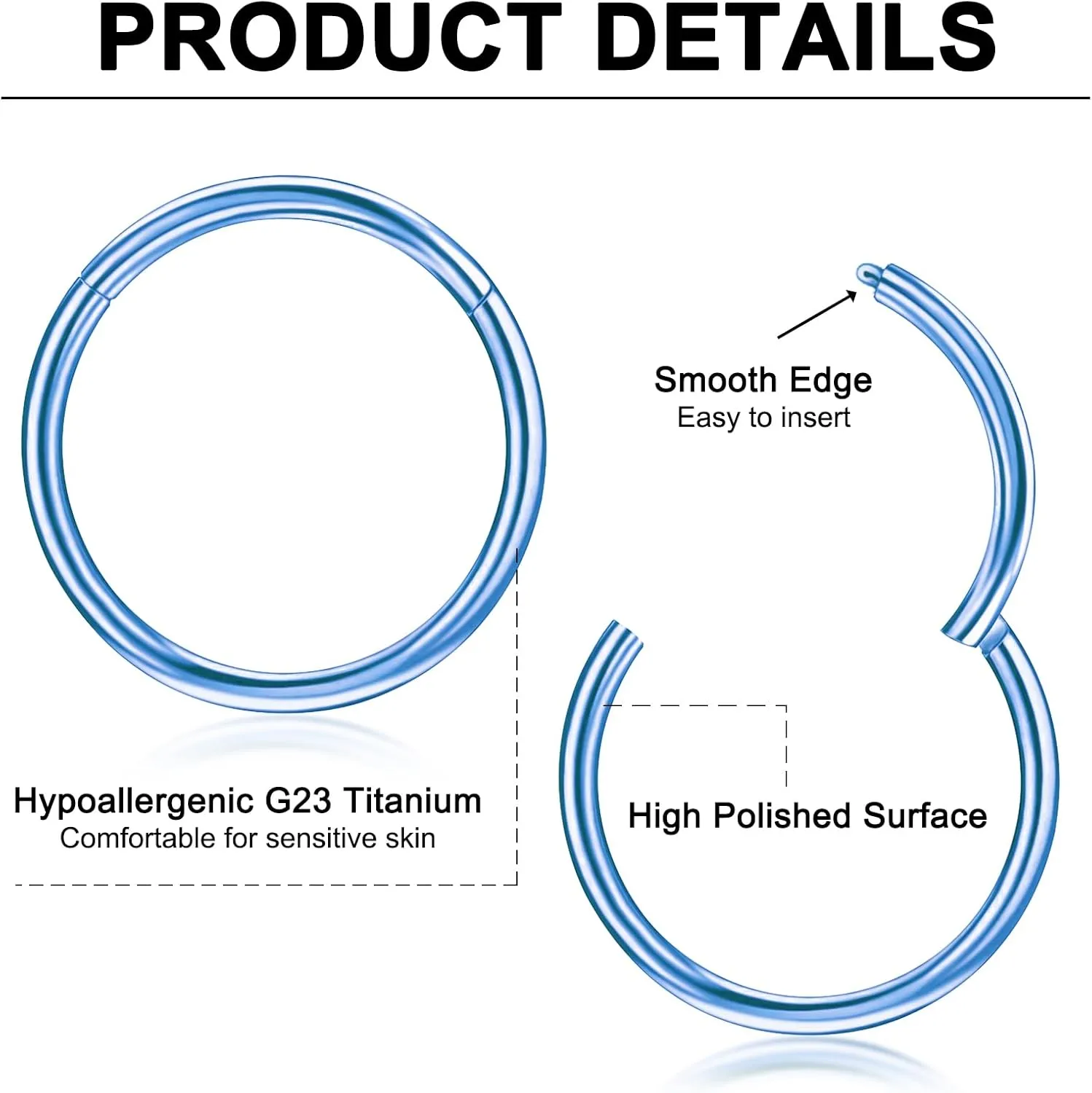 8Pcs Titanium Nose Rings Hoops 14G 16G 18G 20G Hoop Nose Rings for Women Nose Hoop Hinged Clicker Conch Septum Rings Tragus Cartilage Earring Lip Rings Nose Piercing Jewelry 6mm-12mm