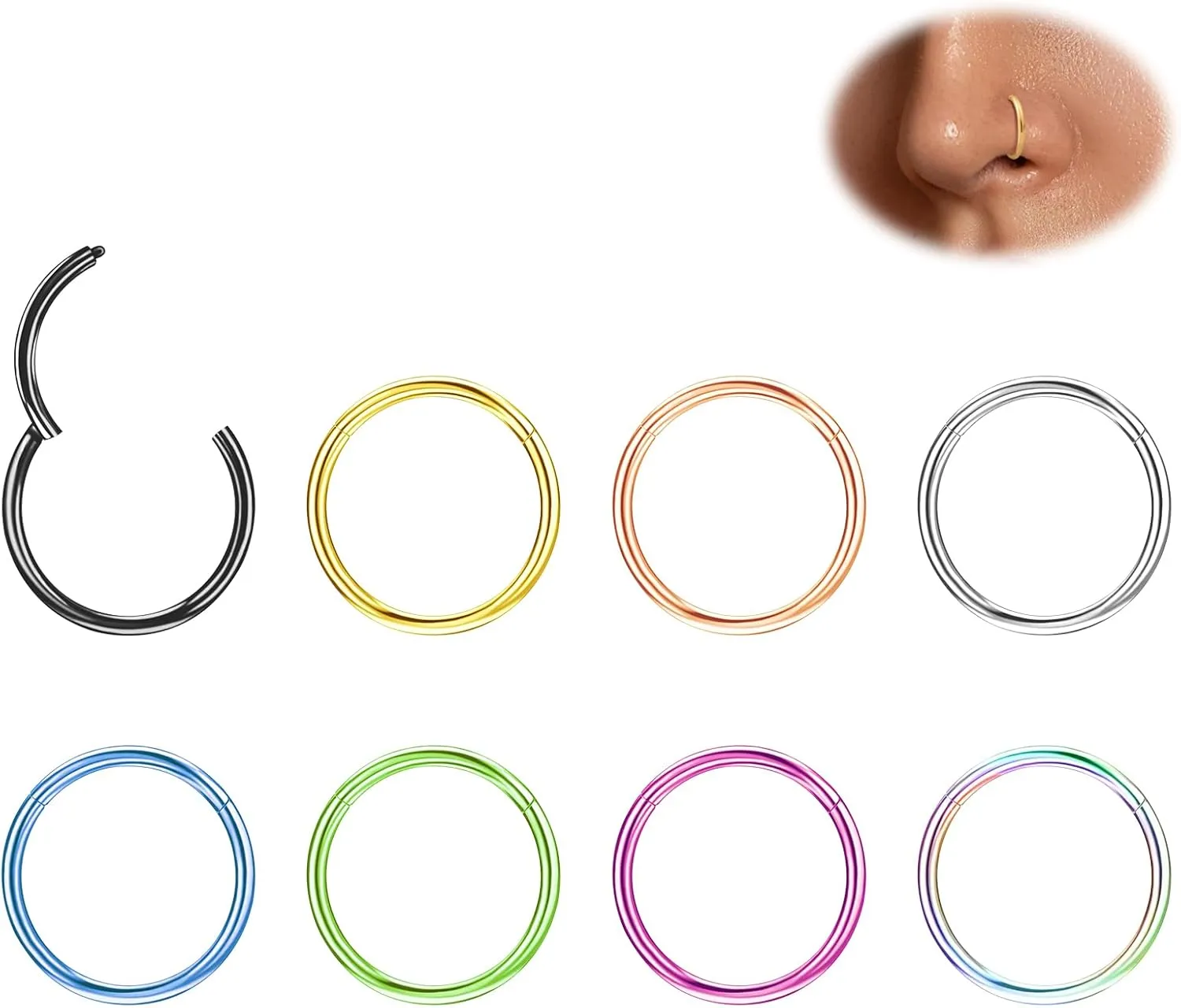 8Pcs Titanium Nose Rings Hoops 14G 16G 18G 20G Hoop Nose Rings for Women Nose Hoop Hinged Clicker Conch Septum Rings Tragus Cartilage Earring Lip Rings Nose Piercing Jewelry 6mm-12mm